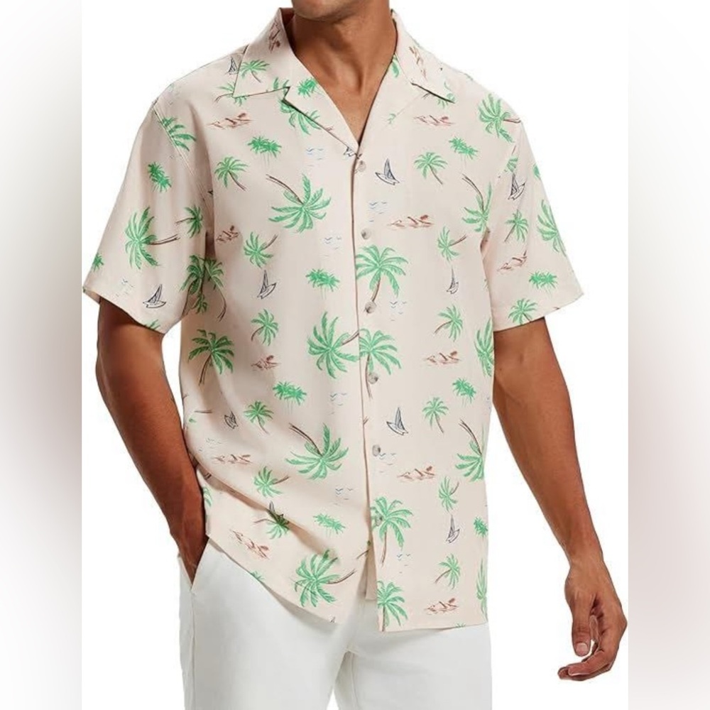 Men's Tropical Print Shirt - Cream and Green
